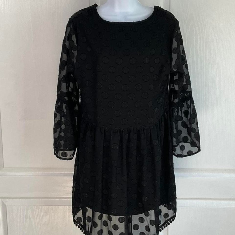 Black and grey polka dot dress‎ with sheer sleeves